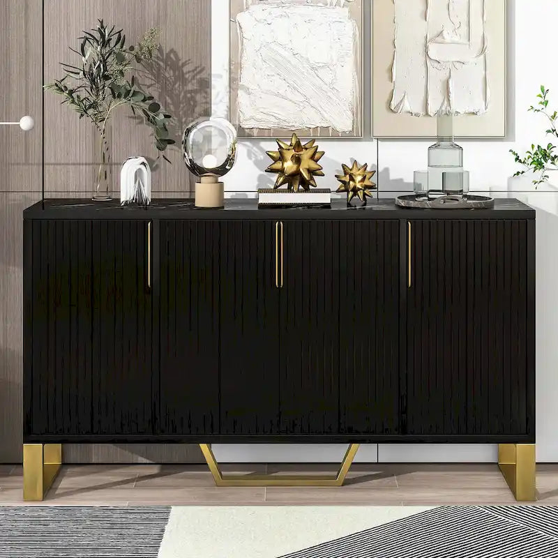 Modern Luxury 4-Door Sideboard with Marble-Look Top, Pinstripe Doors & Gold Legs