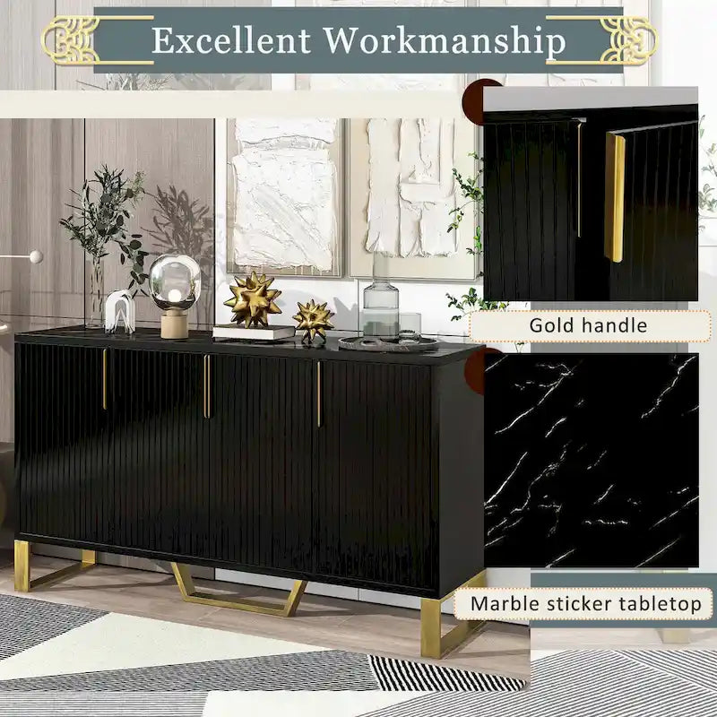 Modern Luxury 4-Door Sideboard with Marble-Look Top, Pinstripe Doors & Gold Legs