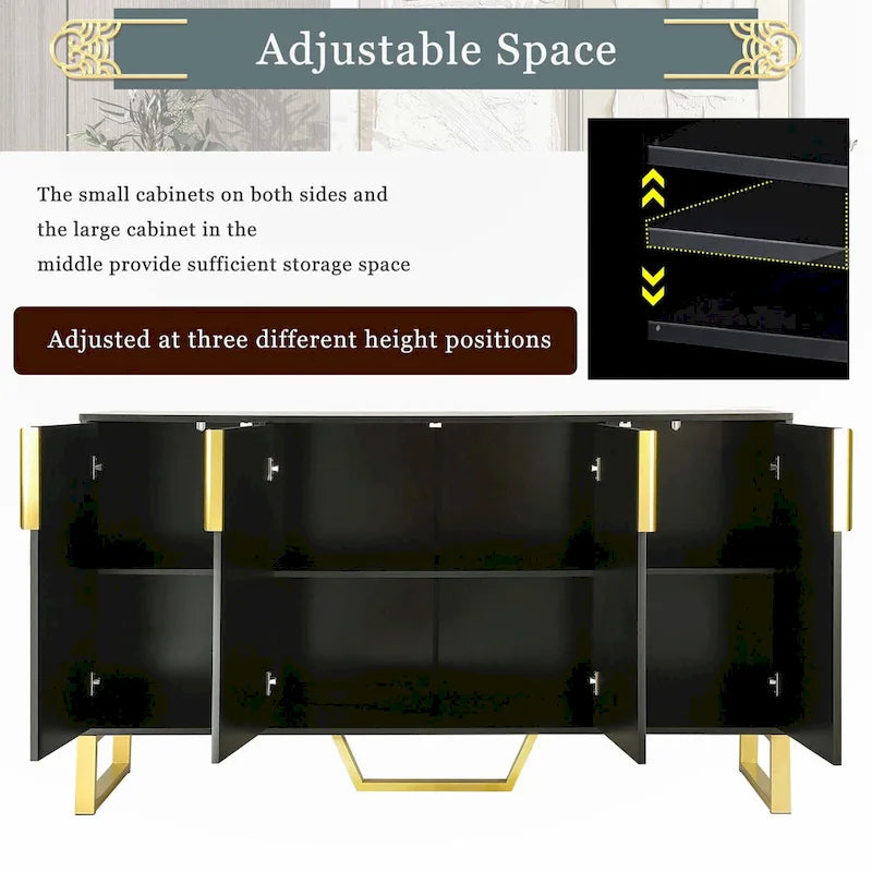 Modern Luxury 4-Door Sideboard with Marble-Look Top, Pinstripe Doors & Gold Legs