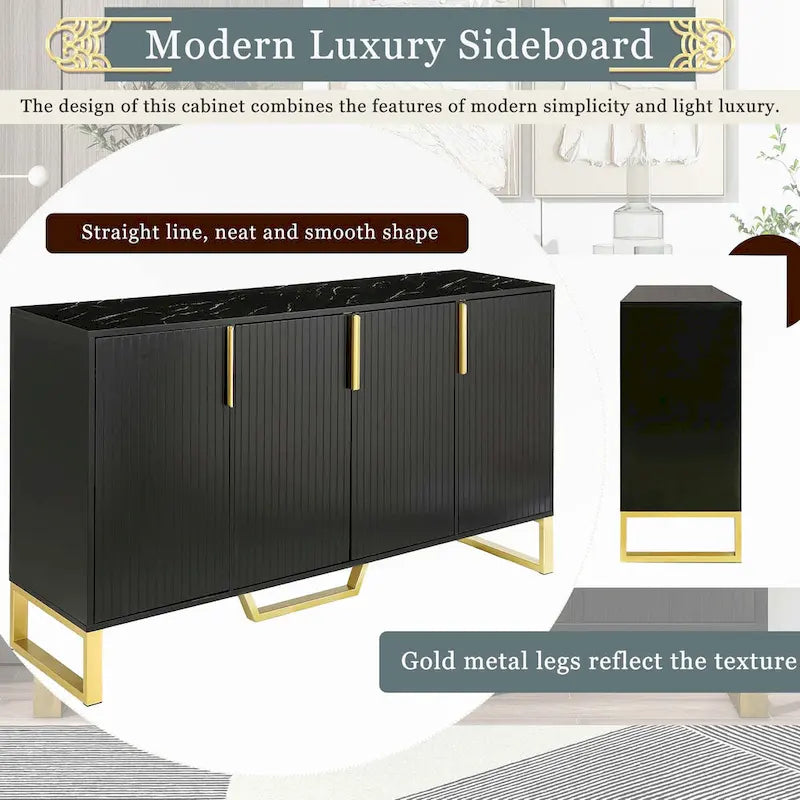 Modern Luxury 4-Door Sideboard with Marble-Look Top, Pinstripe Doors & Gold Legs