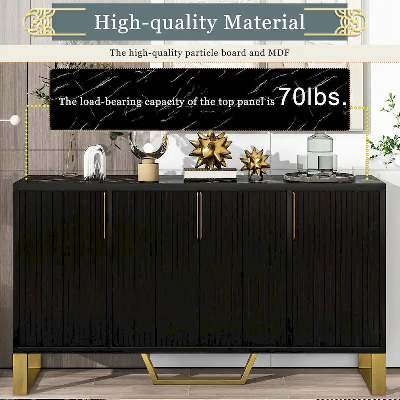 Modern Luxury 4-Door Sideboard with Marble-Look Top, Pinstripe Doors & Gold Legs
