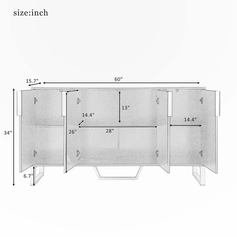 Modern Luxury 4-Door Sideboard with Marble-Look Top, Pinstripe Doors & Gold Legs