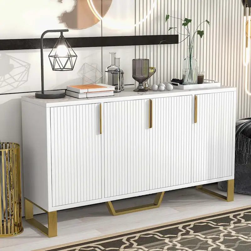 Modern Luxury 4-Door Sideboard with Marble-Look Top, Pinstripe Doors & Gold Legs