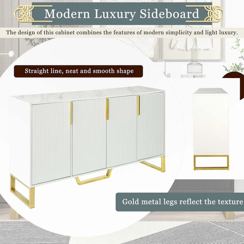 Modern Luxury 4-Door Sideboard with Marble-Look Top, Pinstripe Doors & Gold Legs