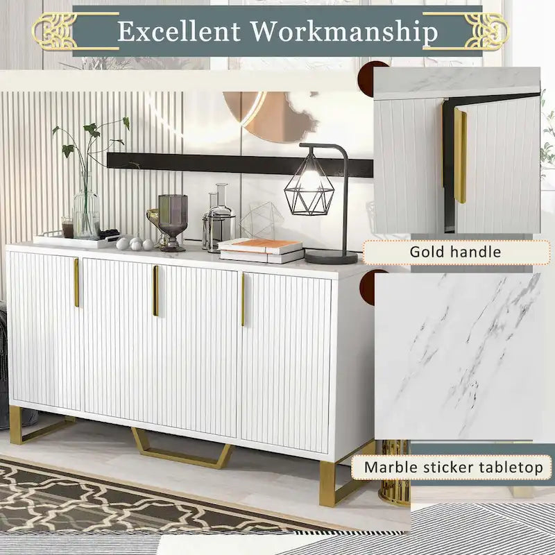 Modern Luxury 4-Door Sideboard with Marble-Look Top, Pinstripe Doors & Gold Legs