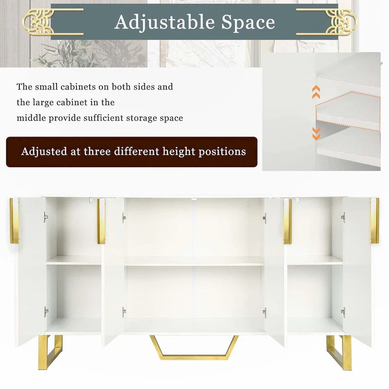 Modern Luxury 4-Door Sideboard with Marble-Look Top, Pinstripe Doors & Gold Legs