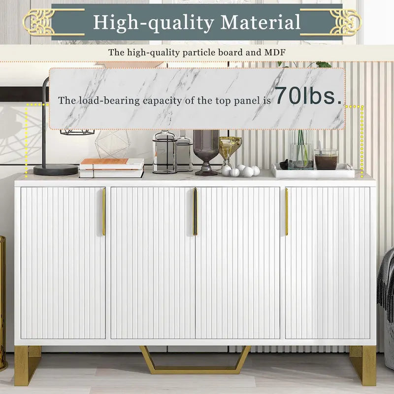 Modern Luxury 4-Door Sideboard with Marble-Look Top, Pinstripe Doors & Gold Legs