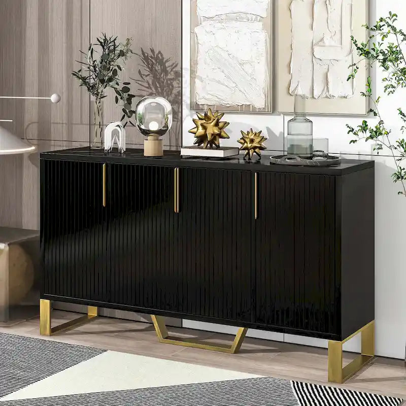 Modern Luxury 4-Door Sideboard with Marble-Look Top, Pinstripe Doors & Gold Legs