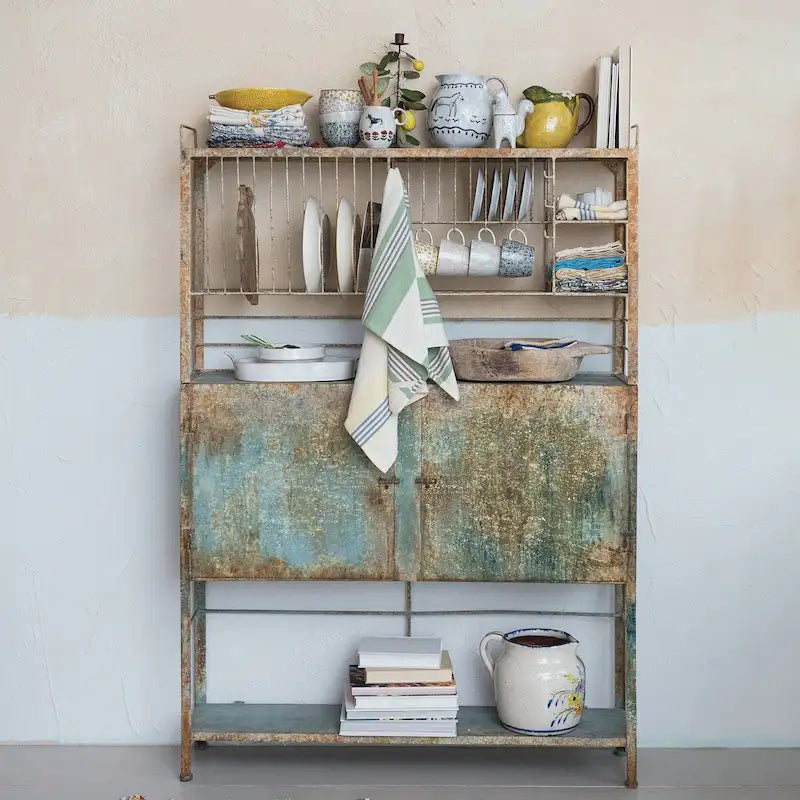 Vintage Distressed Metal Cabinet with Wire Slatted Shelves