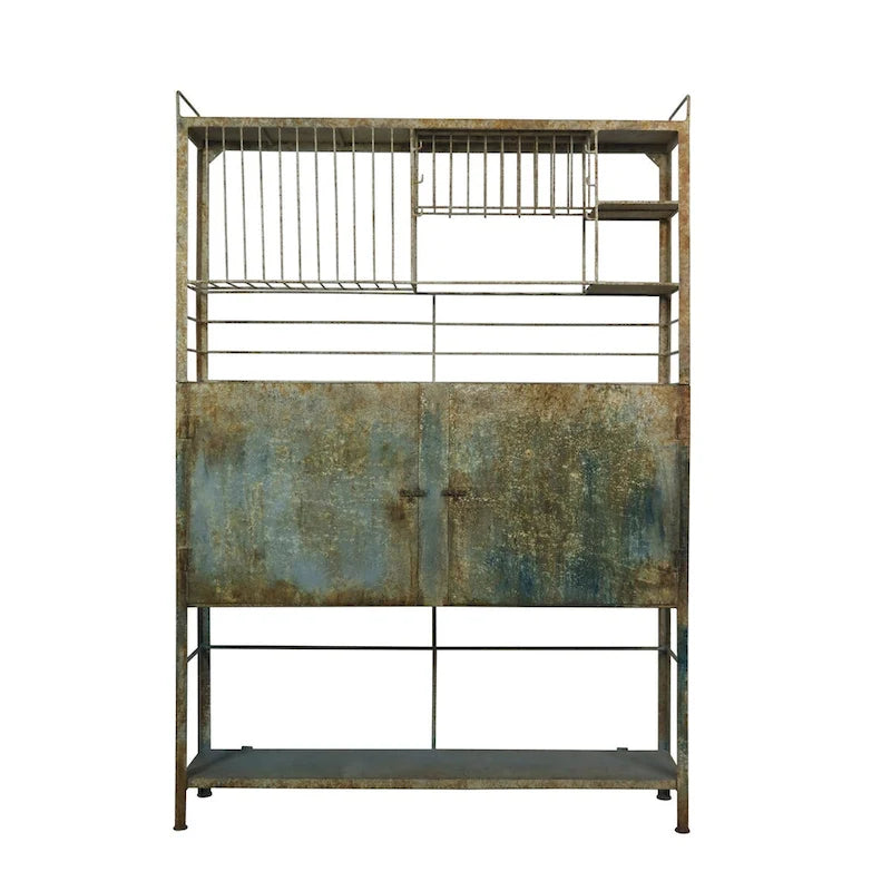 Vintage Distressed Metal Cabinet with Wire Slatted Shelves