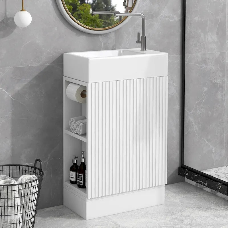 Mobile lavabo da bagno con lavandino in ceramica, ripiano laterale a 2 livelli e portarotolo