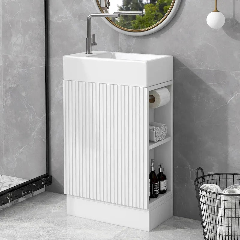 Mobile lavabo da bagno con lavandino in ceramica, ripiano laterale a 2 livelli e portarotolo