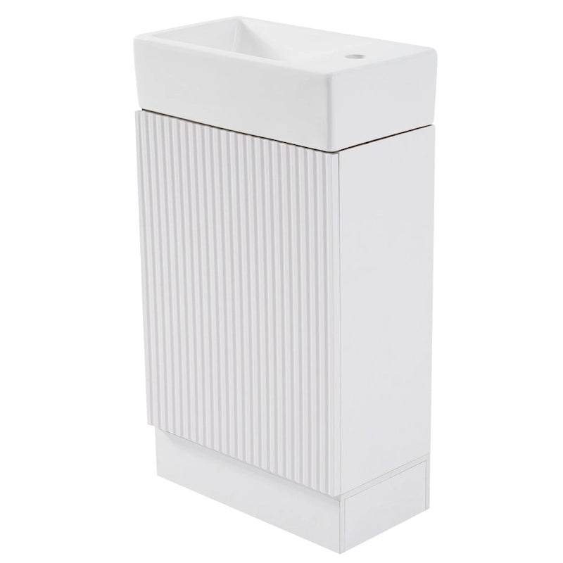 Mobile lavabo da bagno con lavandino in ceramica, ripiano laterale a 2 livelli e portarotolo