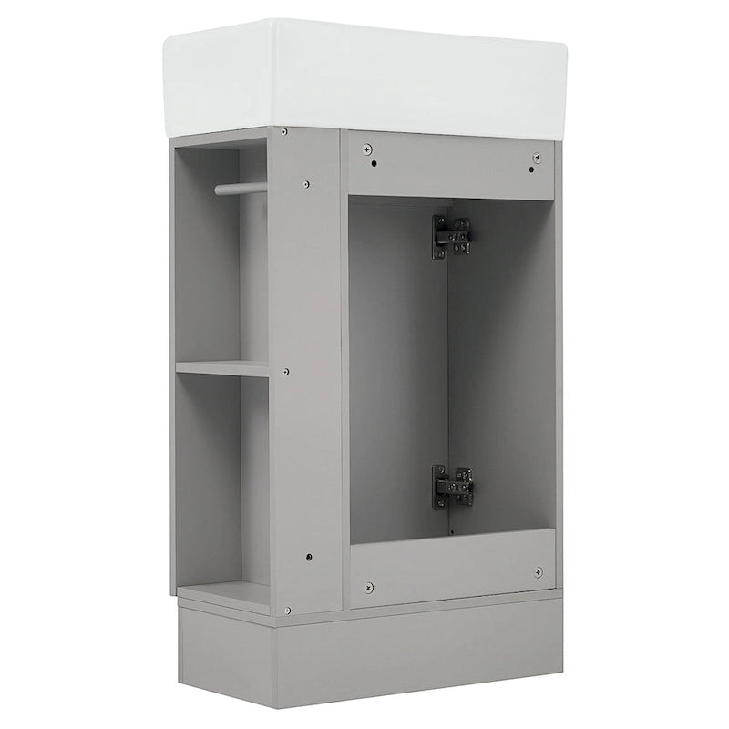Mobile lavabo da bagno con lavandino in ceramica, ripiano laterale a 2 livelli e portarotolo