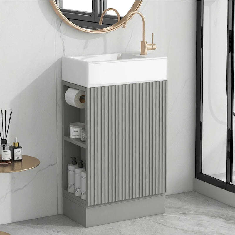 Bathroom Vanity Cabinet with Ceramic Sink, 2-Tier Side Shelf and Paper Holder