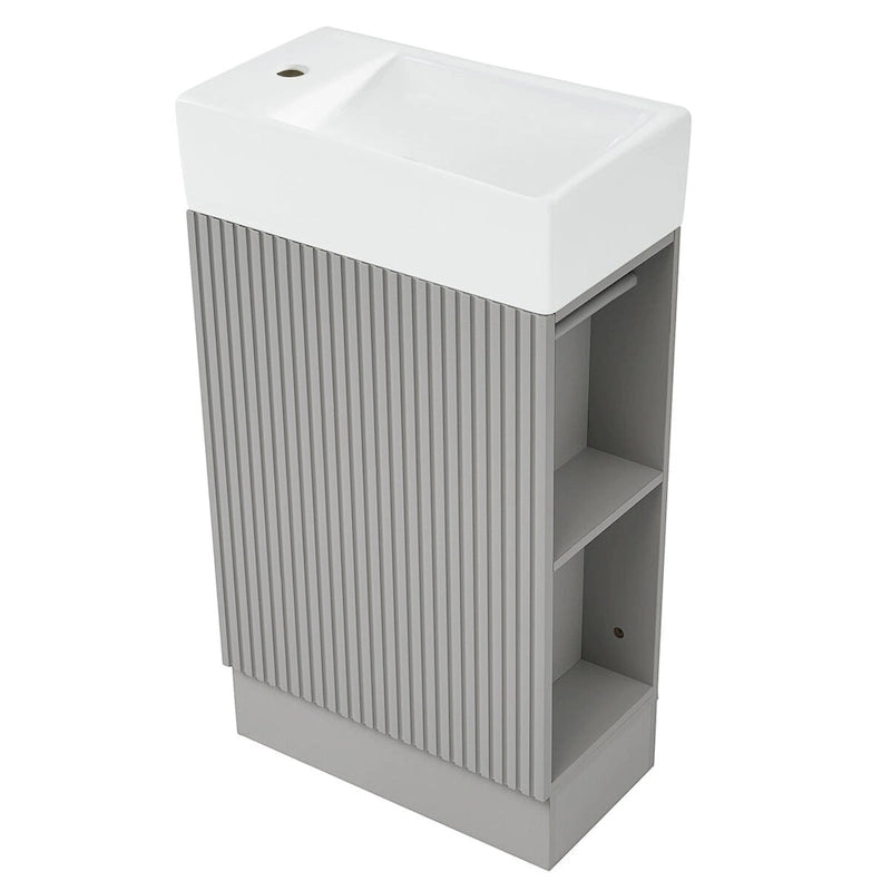 Mobile lavabo da bagno con lavandino in ceramica, ripiano laterale a 2 livelli e portarotolo