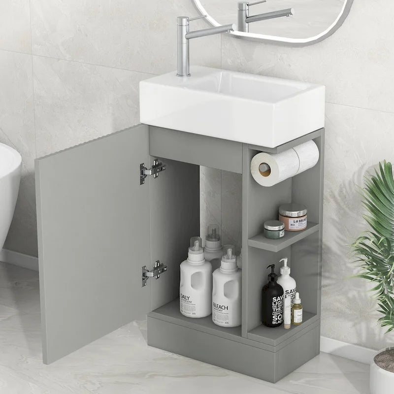 Mobile lavabo da bagno con lavandino in ceramica, ripiano laterale a 2 livelli e portarotolo