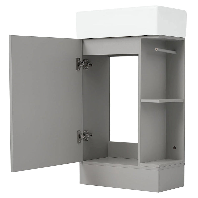 Mobile lavabo da bagno con lavandino in ceramica, ripiano laterale a 2 livelli e portarotolo