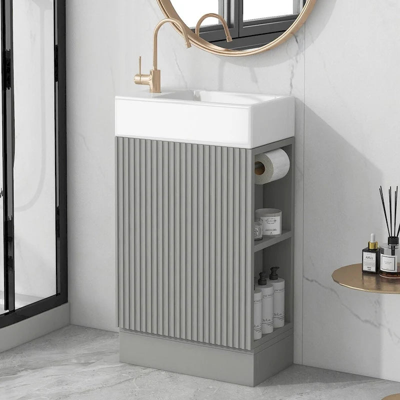 Mobile lavabo da bagno con lavandino in ceramica, ripiano laterale a 2 livelli e portarotolo
