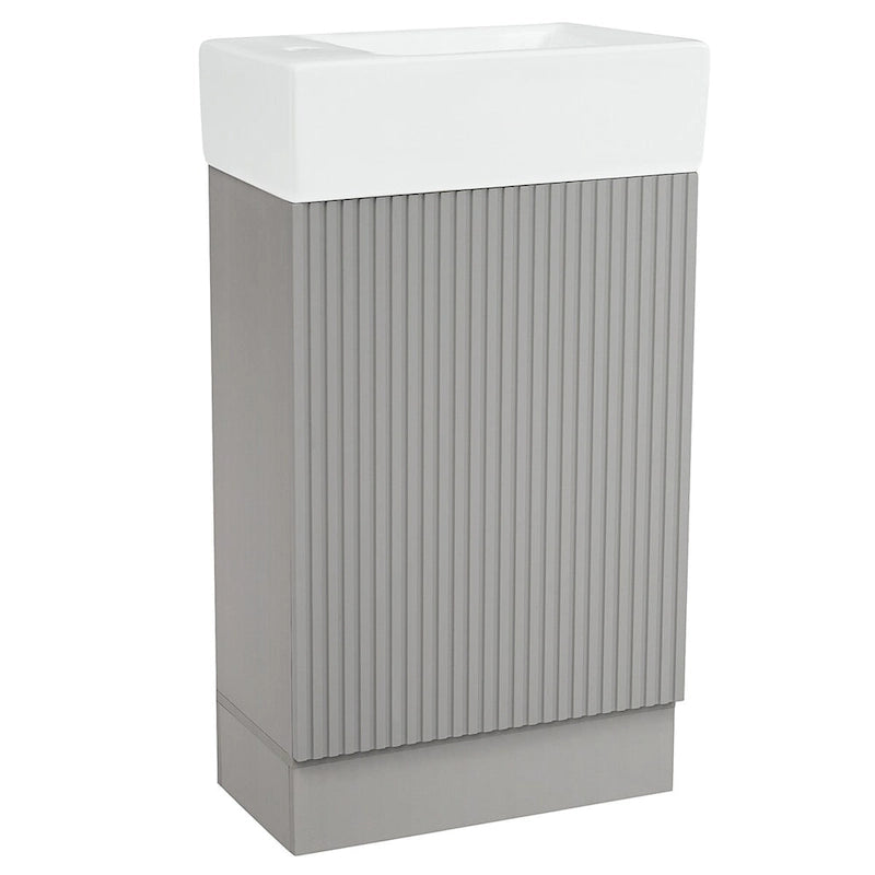 Mobile lavabo da bagno con lavandino in ceramica, ripiano laterale a 2 livelli e portarotolo