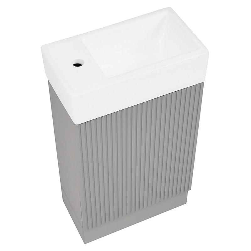 Mobile lavabo da bagno con lavandino in ceramica, ripiano laterale a 2 livelli e portarotolo