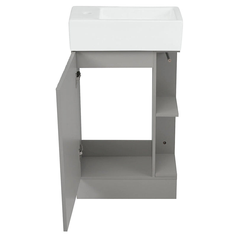 Mobile lavabo da bagno con lavandino in ceramica, ripiano laterale a 2 livelli e portarotolo