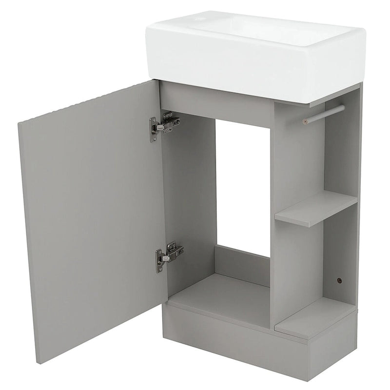 Mobile lavabo da bagno con lavandino in ceramica, ripiano laterale a 2 livelli e portarotolo