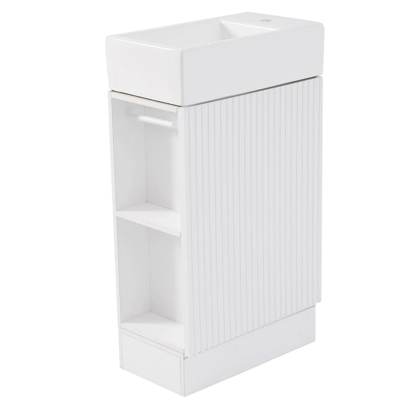 Mobile lavabo da bagno con lavandino in ceramica, ripiano laterale a 2 livelli e portarotolo