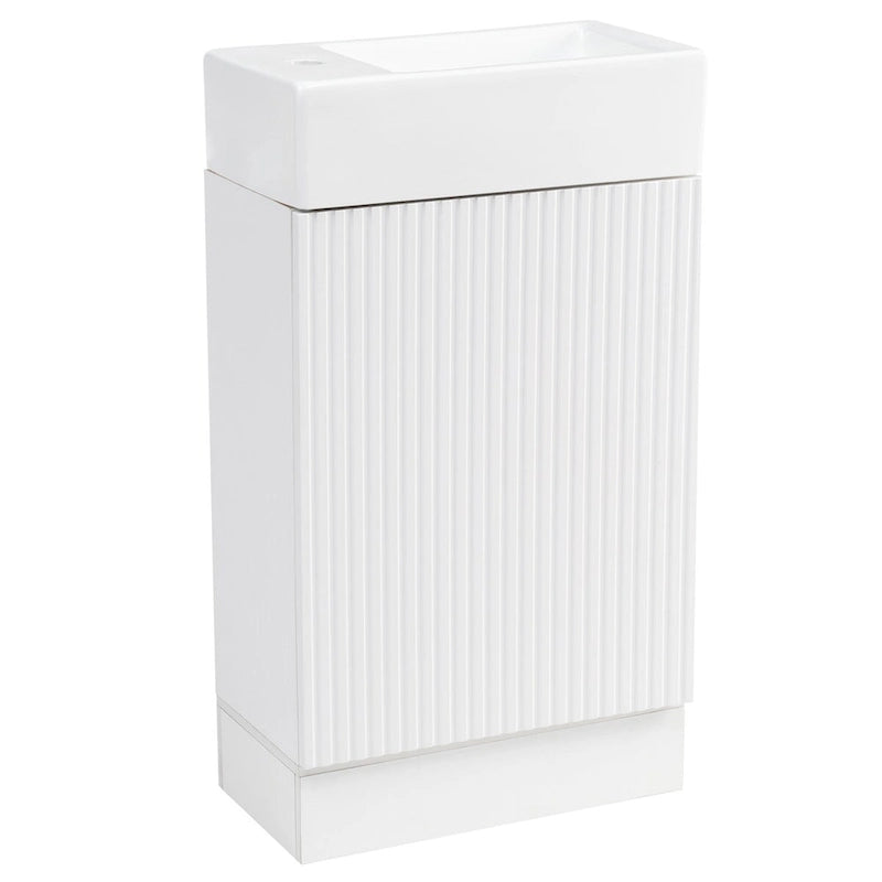Mobile lavabo da bagno con lavandino in ceramica, ripiano laterale a 2 livelli e portarotolo