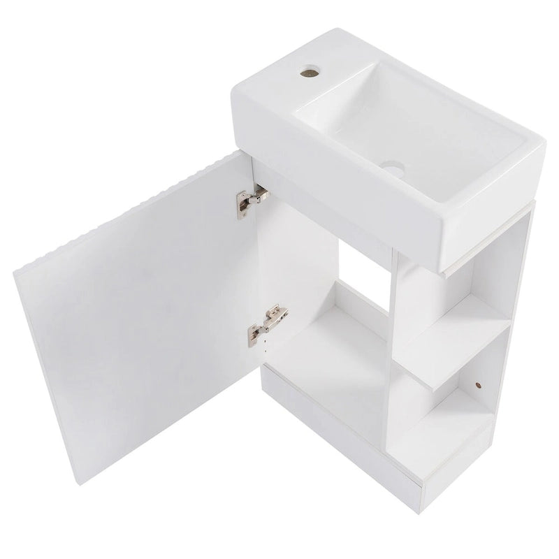 Mobile lavabo da bagno con lavandino in ceramica, ripiano laterale a 2 livelli e portarotolo
