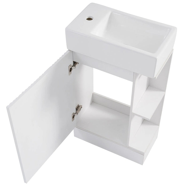 Mobile lavabo da bagno con lavandino in ceramica, ripiano laterale a 2 livelli e portarotolo