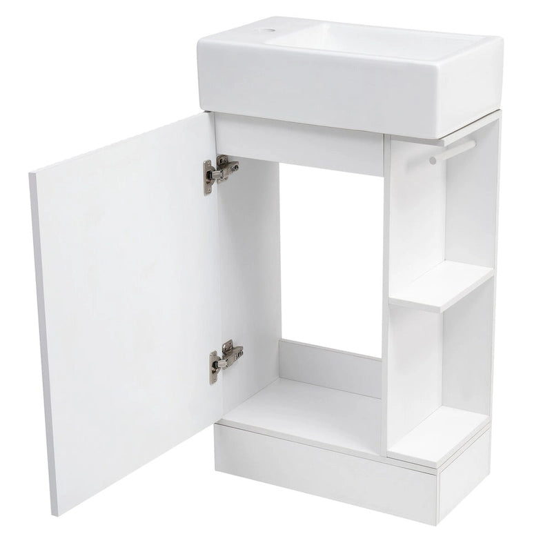 Mobile lavabo da bagno con lavandino in ceramica, ripiano laterale a 2 livelli e portarotolo
