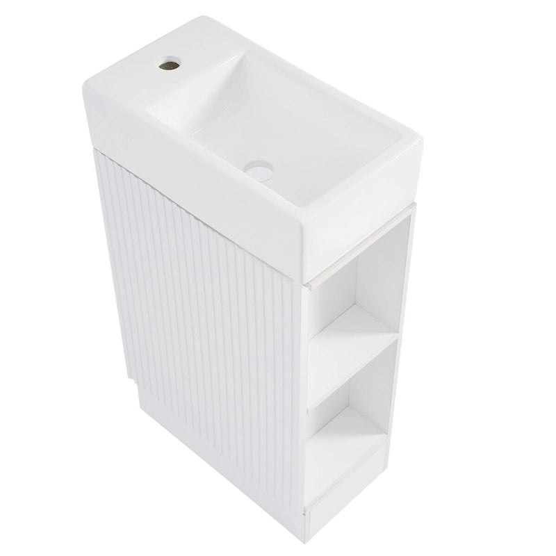 Mobile lavabo da bagno con lavandino in ceramica, ripiano laterale a 2 livelli e portarotolo
