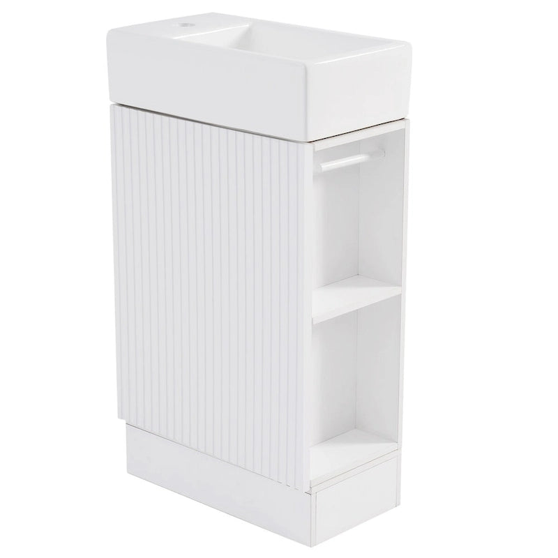 Mobile lavabo da bagno con lavandino in ceramica, ripiano laterale a 2 livelli e portarotolo