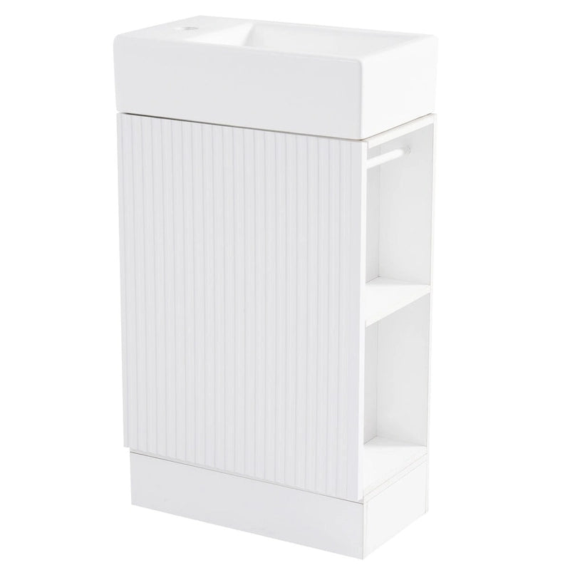 Mobile lavabo da bagno con lavandino in ceramica, ripiano laterale a 2 livelli e portarotolo