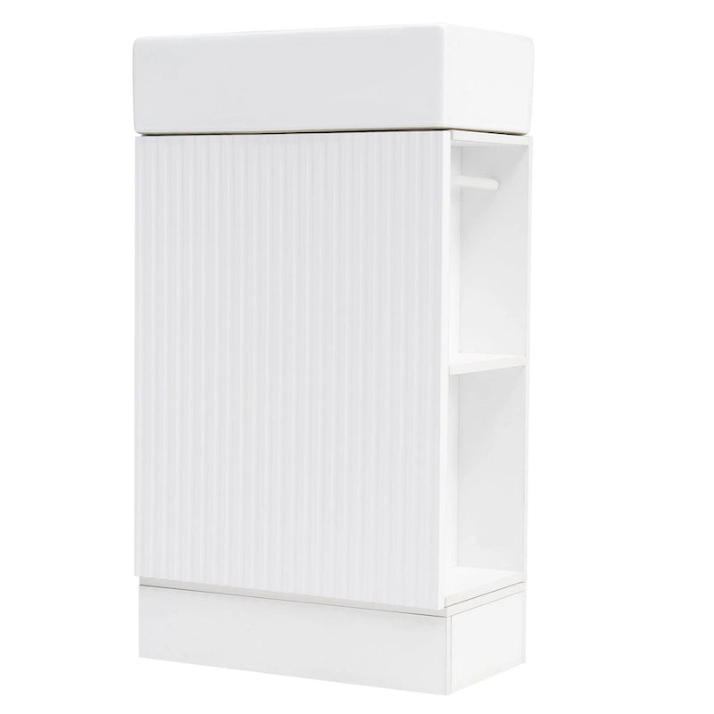 Mobile lavabo da bagno con lavandino in ceramica, ripiano laterale a 2 livelli e portarotolo