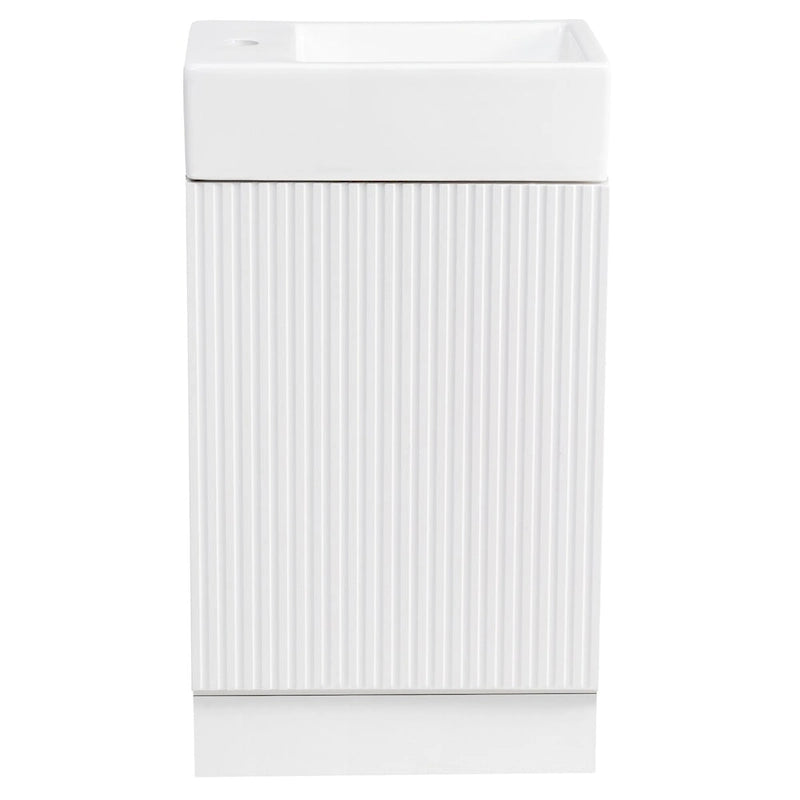 Mobile lavabo da bagno con lavandino in ceramica, ripiano laterale a 2 livelli e portarotolo