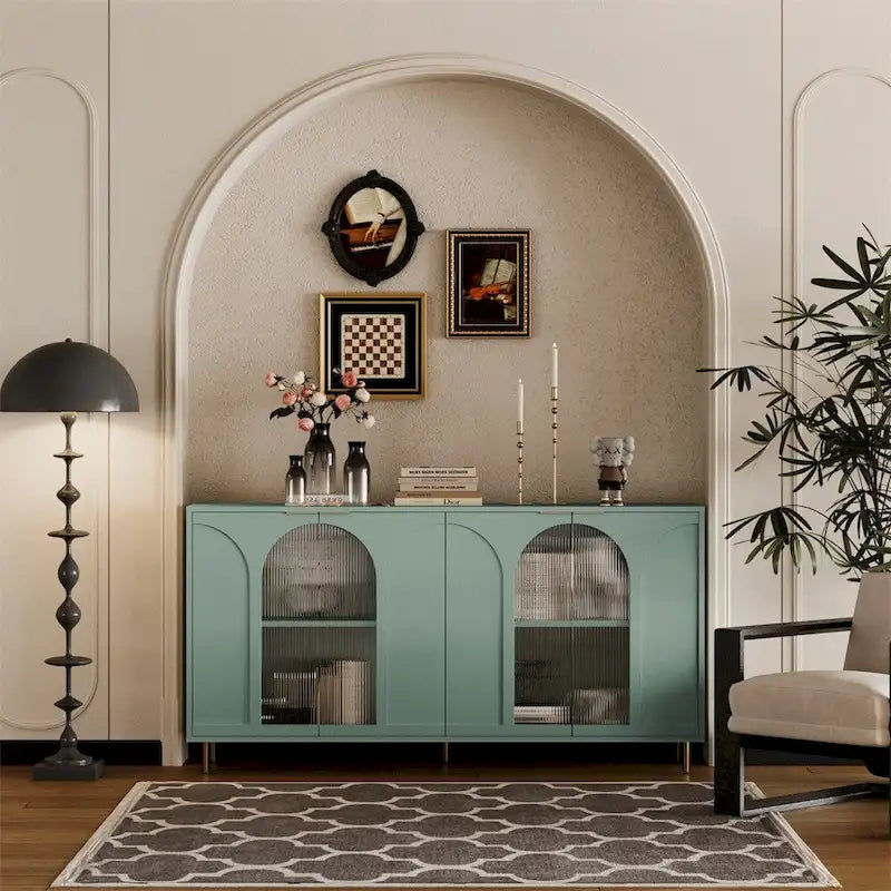 Mint Green Accent Cabinet with Fluted Glass Doors & Adjustable Shelves