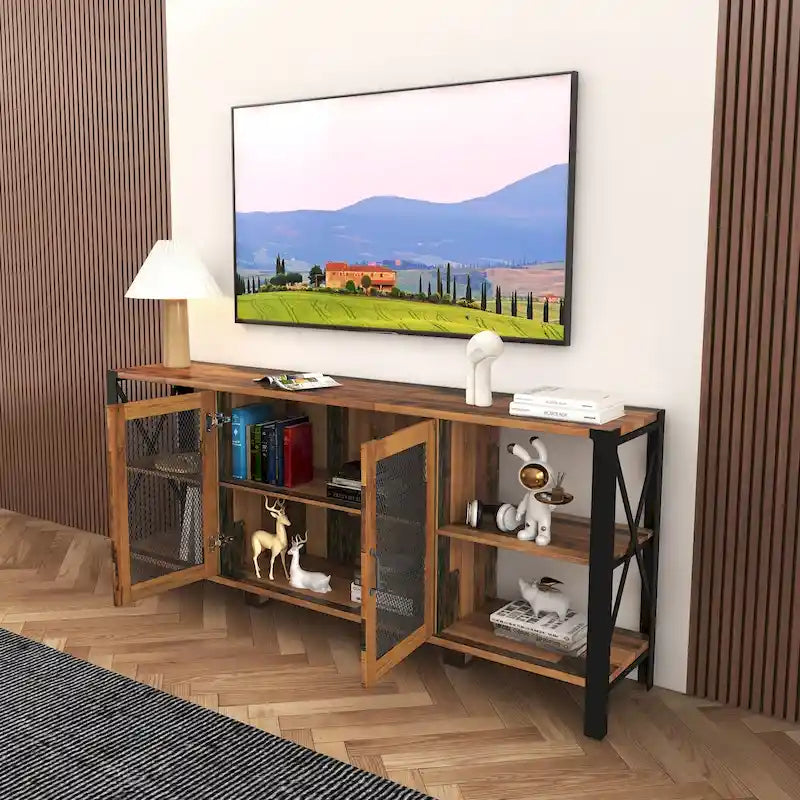 Industrial Wood & Metal TV Stand with Mesh Door – Fits TVs Up to 80"
