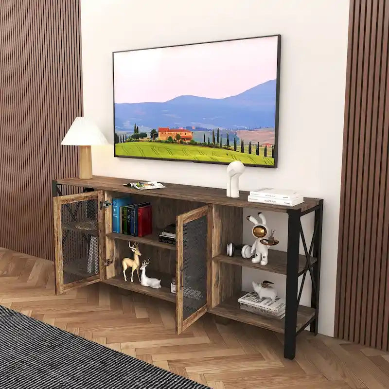 Industrial Wood & Metal TV Stand with Mesh Door – Fits TVs Up to 80"