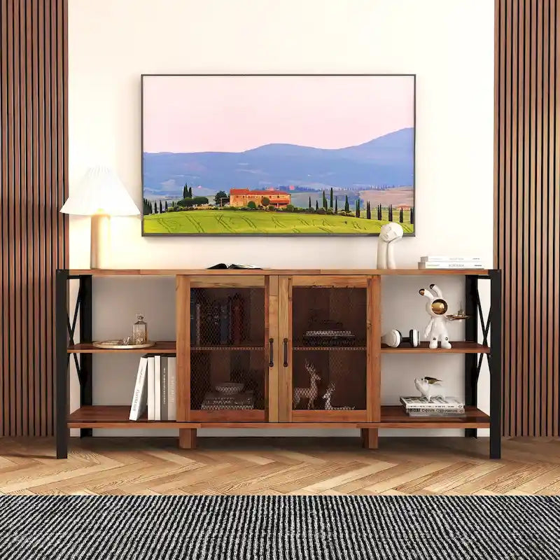 Industrial Wood & Metal TV Stand with Mesh Door – Fits TVs Up to 80"