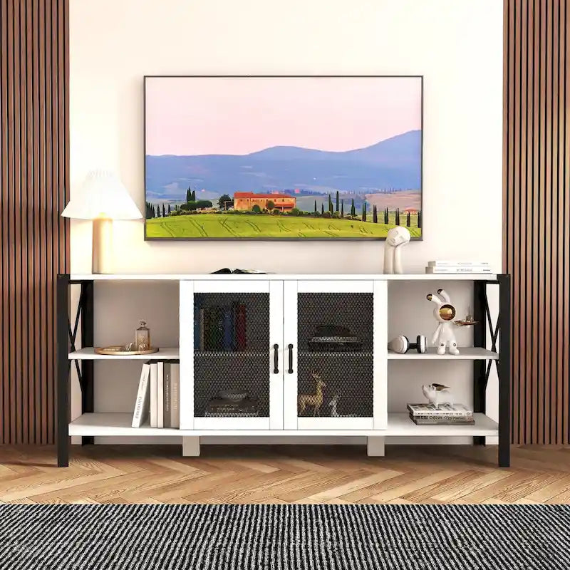 Industrial Wood & Metal TV Stand with Mesh Door – Fits TVs Up to 80"