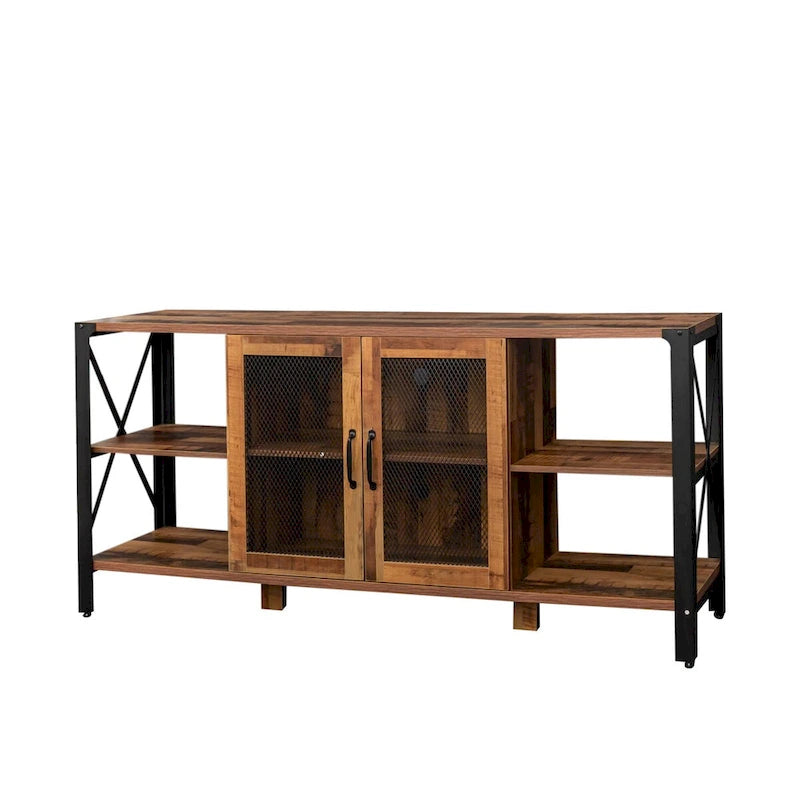 Industrial Wood & Metal TV Stand with Mesh Door – Fits TVs Up to 80"