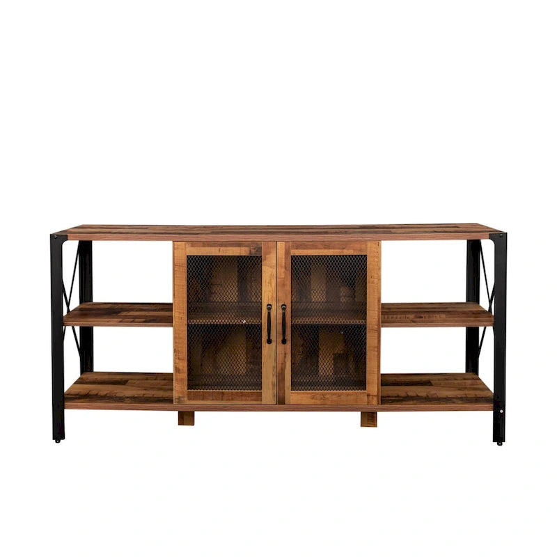 Industrial Wood & Metal TV Stand with Mesh Door – Fits TVs Up to 80"