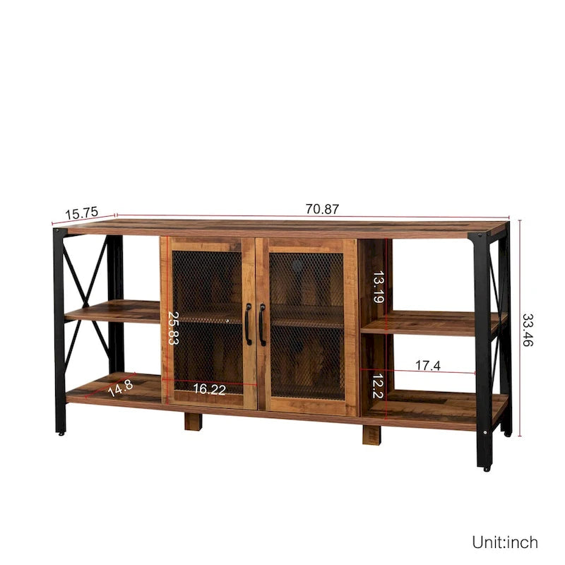 Industrial Wood & Metal TV Stand with Mesh Door – Fits TVs Up to 80"
