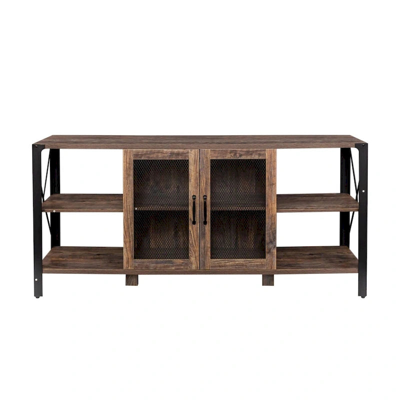 Industrial Wood & Metal TV Stand with Mesh Door – Fits TVs Up to 80"