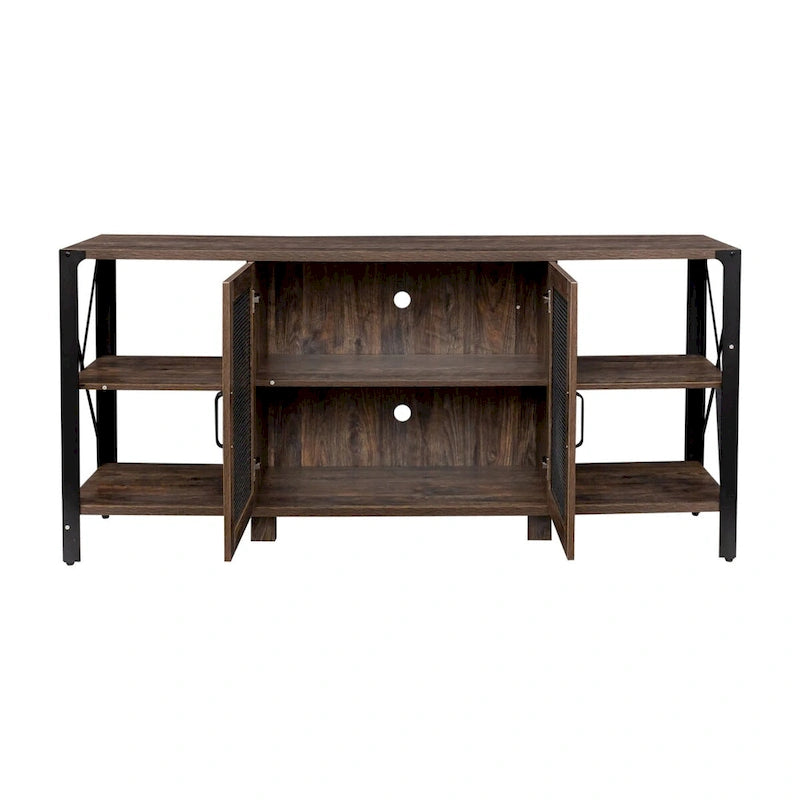 Industrial Wood & Metal TV Stand with Mesh Door – Fits TVs Up to 80"