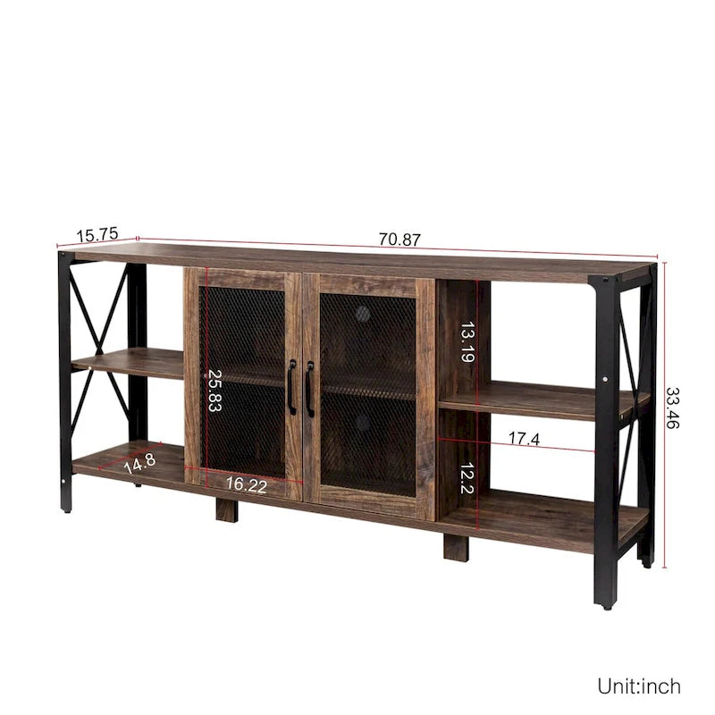 Industrial Wood & Metal TV Stand with Mesh Door – Fits TVs Up to 80"