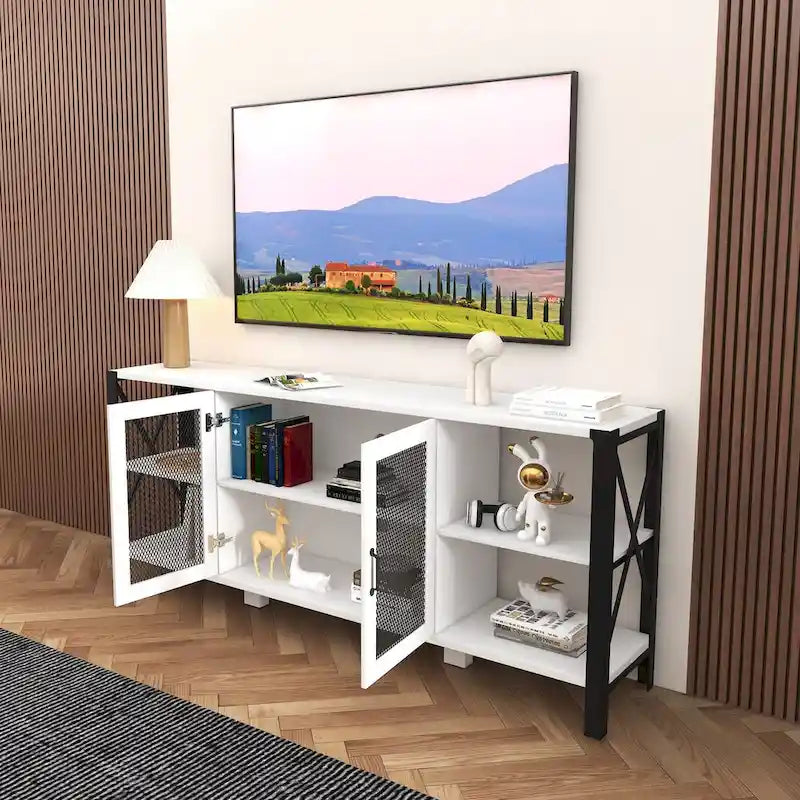 Industrial Wood & Metal TV Stand with Mesh Door – Fits TVs Up to 80"