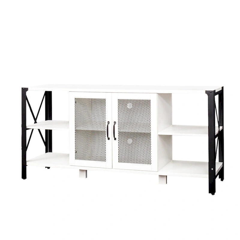 Industrial Wood & Metal TV Stand with Mesh Door – Fits TVs Up to 80"